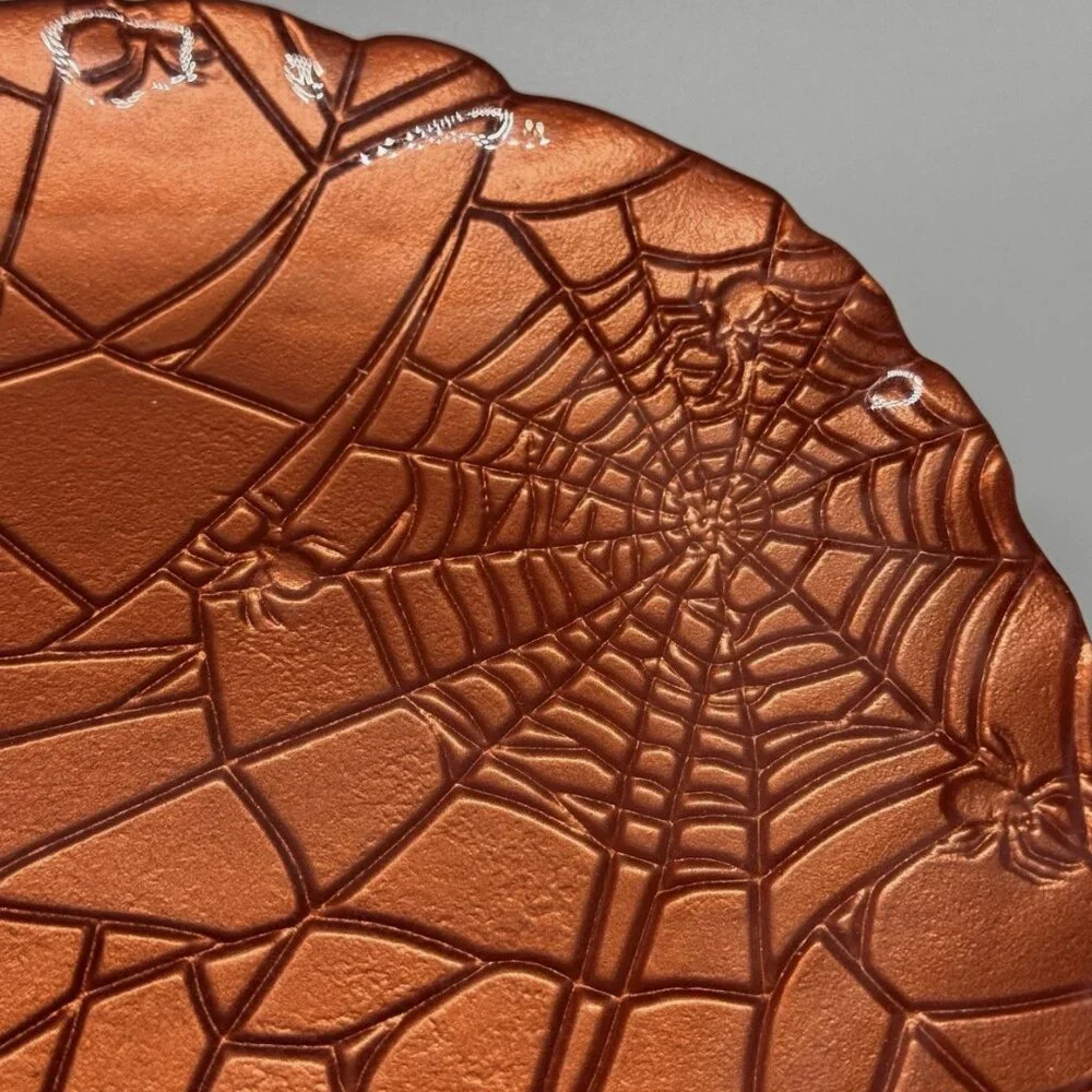 x4 Akcam Turkish Glass Halloween Salad Dessert Plates Orange Spiderweb Embossed